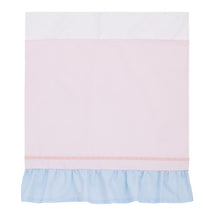Light blue, pink, and white fabric crib bedding with a ruffled hem, part of the NoJo Disney Sweet Princess collection.