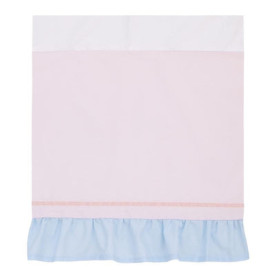 Light blue, pink, and white fabric crib bedding with a ruffled hem, part of the NoJo Disney Sweet Princess collection.