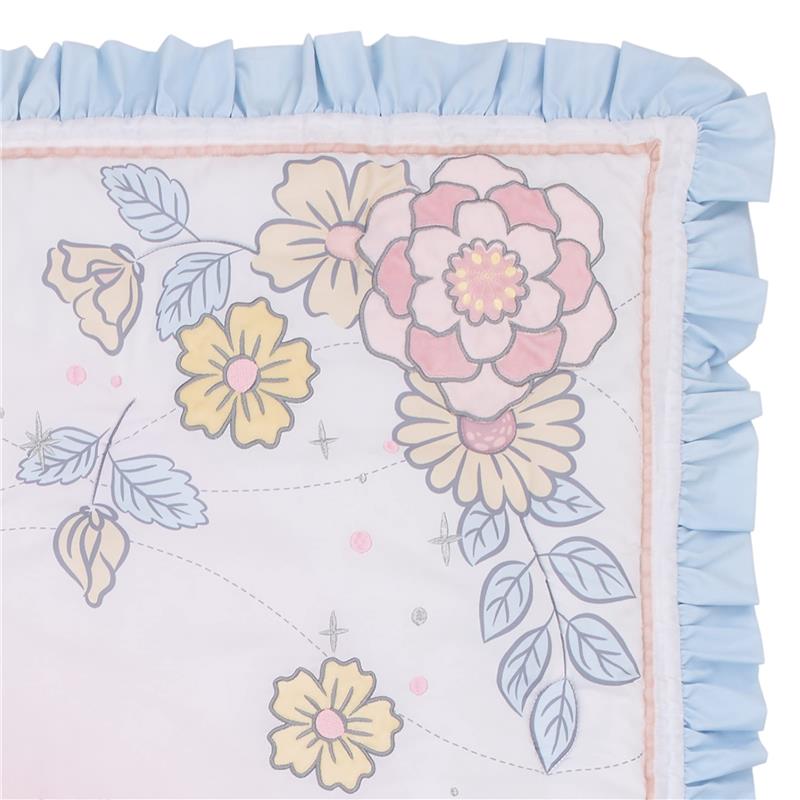 Light blue, pink, and white crib bedding set featuring floral patterns, ideal for a Disney princess-themed nursery.
