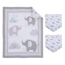 Mini crib bedding set featuring gray elephants, clouds, and stars, with a quilt and two coordinating fitted sheets.