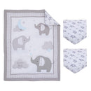 Mini crib bedding set featuring gray elephants, clouds, and stars, with a quilt and two coordinating fitted sheets.