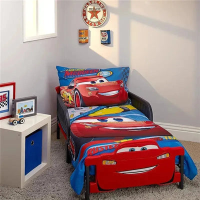 Disney Cars toddler bedding set featuring Lightning McQueen, including a comforter and pillow, in a colorful room setting.
