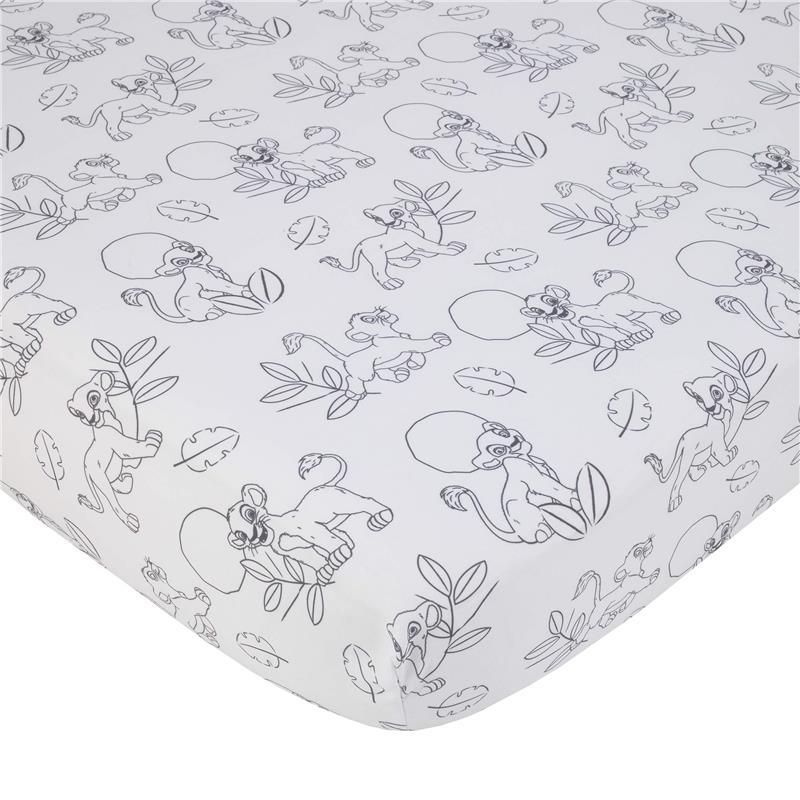 Nursery crib bedding set featuring playful, monochrome sketches of Lion King characters on a white background.