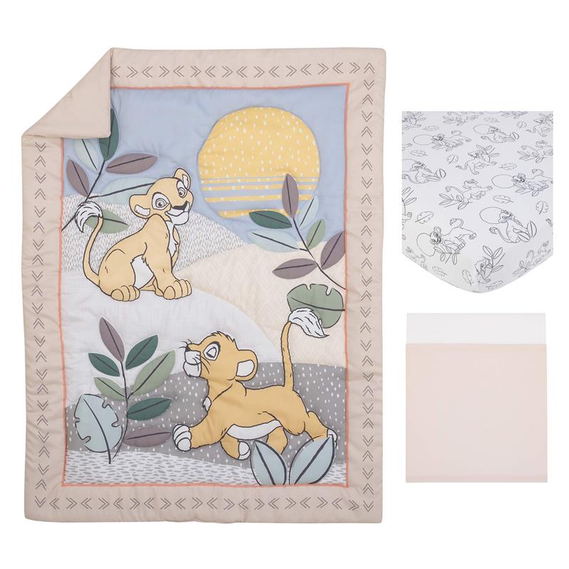 Nursery crib bedding set featuring Lion King characters, including a quilt, fitted sheet, and a printed sheet with animal designs.