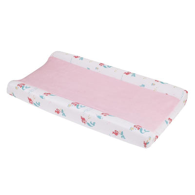 Watercolor Ariel-themed changing pad cover featuring pink center and colorful mermaid designs on edges.