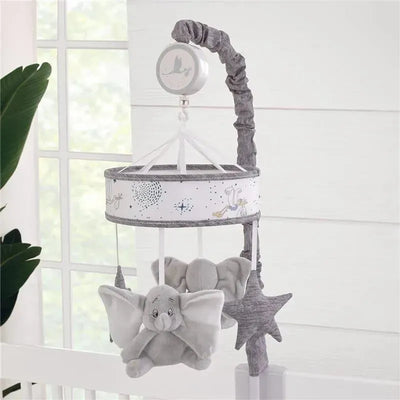 Disney Dumbo musical mobile featuring plush elephant and star figures, designed for soothing babies with lullabies.