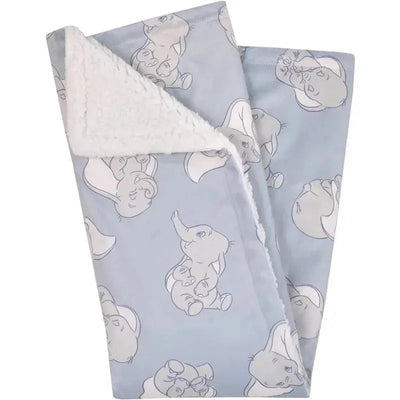 Soft sherpa baby blanket featuring Dumbo characters on a light blue background, ideal for infants.