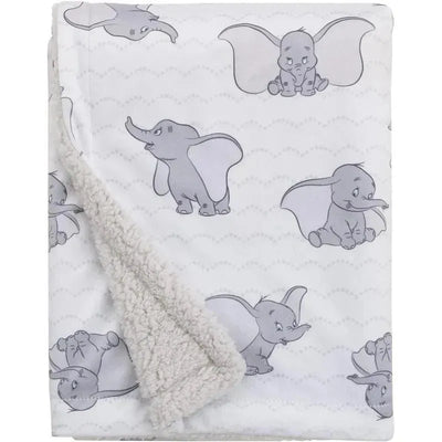 Super soft white and grey baby blanket featuring Dumbo illustrations and a cozy Sherpa backing.