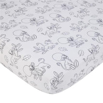 Super soft fitted crib sheet featuring black and white illustrations of Lion King characters and leaves on a white background.