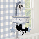 Disney Mickey Mouse musical mobile in blue and white, featuring plush Mickey figures and star-shaped decorations.