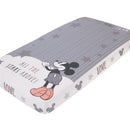 Fitted crib sheet featuring Mickey Mouse, with a gray striped design, and the text “ALL THE STARS ABOVE!” and “LOVE.”