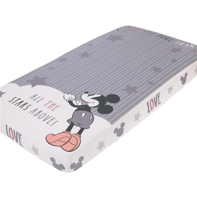 Fitted crib sheet featuring Mickey Mouse, with a gray striped design, and the text “ALL THE STARS ABOVE!” and “LOVE.”