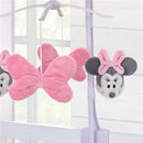 Minnie Mouse plush mobile featuring pink bows and a Minnie Mouse head, designed for baby nursery décor.