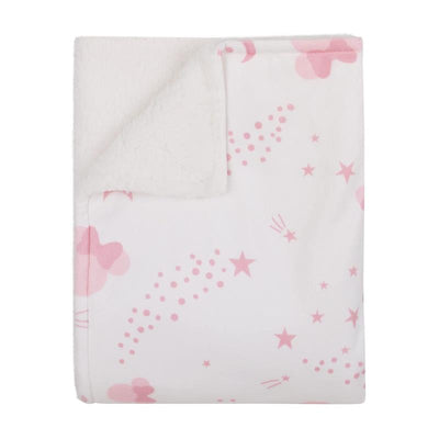 Super soft baby blanket featuring a pink and white design with stars and clouds, perfect for infants.