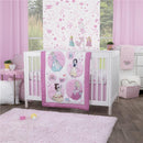 Fitted crib sheet featuring Disney princesses, hearts, and stars in pink and white for a nursery setting.