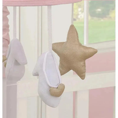 Musical mobile featuring white ballet shoes and a golden star, designed for a nursery.