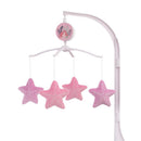 Musical mobile featuring four pink star-shaped plush toys and a central disc illustrating Ariel from The Little Mermaid.