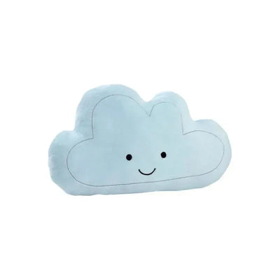 Happy cloud-shaped plush pillow with a smiling face, soft light blue fabric and simple stitched details.