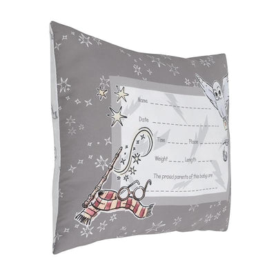 Gray keepsake pillow featuring Harry Potter elements, including a wand, glasses, and an owl, with a baby record section.