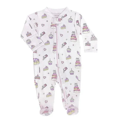 Pink zipper footie for baby girls featuring cake and cupcake designs, with long sleeves and footed legs.