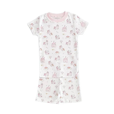 Short sleeve pajama set for baby girls featuring a unicorn and castle pattern in pastel colors.