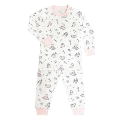 Ballerina-themed long sleeve pajama set in white with pink accents and playful ballet-related illustrations.