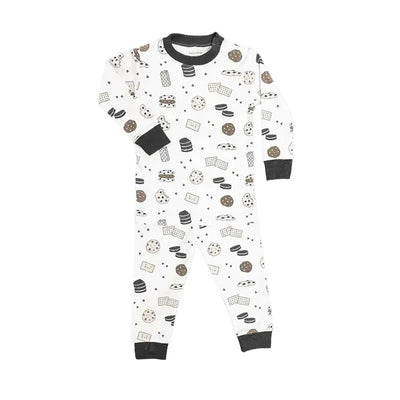 Long sleeve pajama set from Noomie featuring a cookie print design in neutral colors, with black cuffs and neckline.