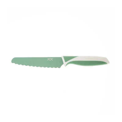 Child-safe Kiddkutter knife in sea green with a scalloped blade and ergonomic handle.