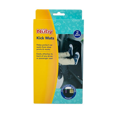 Nuby 2 pack kick mats in black, designed to protect car seats from shoe prints, featuring a storage pocket.