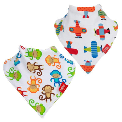 Two bandana bibs featuring colorful monkey and airplane designs, designed for absorbing drool in infants.