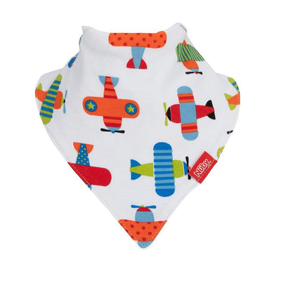 Dribble catcher bandana bib with colorful airplane patterns, featuring a soft neckline and a Nuby tag.