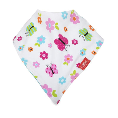 Nuby Dribble Catcher Bandana Bib featuring colorful butterflies and flowers on a white background, designed for girls.