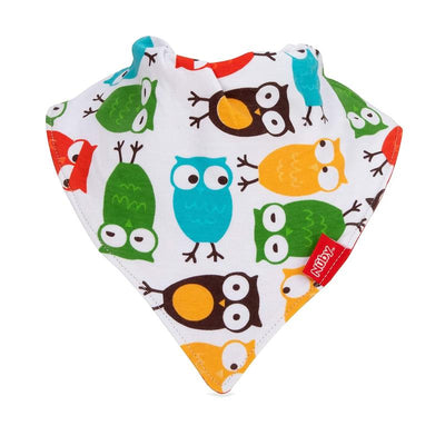 Super absorbent bandana bib featuring colorful owl patterns, designed for dribbly babies with a soft comfort neckline.