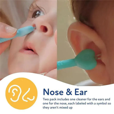 Nuby 2-pack ear and nose cleaner with case, featuring two different tools labeled for ear and nose use.