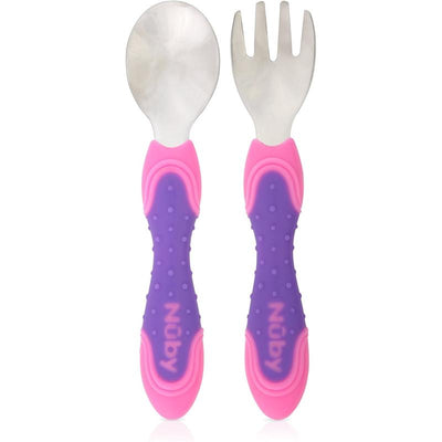 Nuby 2Pk Stainless Steel Utensil, Pink/Purple Image 1
