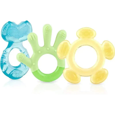 Three colorful Nuby teething toys: a blue fish-shaped ring, a green hand-shaped ring with bumps, and a yellow turtle-shaped ring.