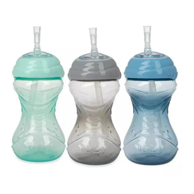 Three Nuby Clik-It Flexi-Straw Cups in aqua, grey, and blue, each with a flexible straw and ergonomic design.