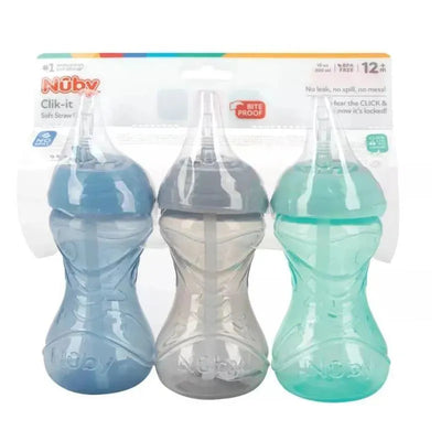 Three Nuby Clik-It Flexi-Straw Cups in aqua, grey, and blue, designed for 10oz, featuring a bite-proof straw and no-spill design.