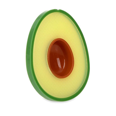Nuby All Silicone Fruit Teether in the shape of an avocado, featuring a green outer layer and a brown pit.