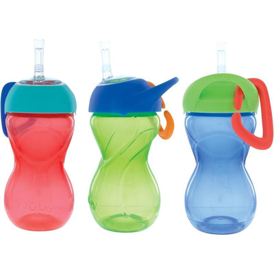 Nuby Clik-It Flexi Straw Cups, 10 oz, 3-Pack in boy colors: red, green, and blue, with easy-grip carabiners.