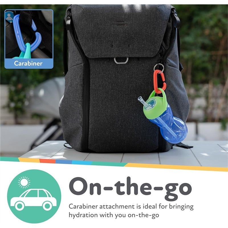 Nuby Clik-It Flexi Straw Cup hanging from a backpack with a carabiner, highlighting its portability for on-the-go use.