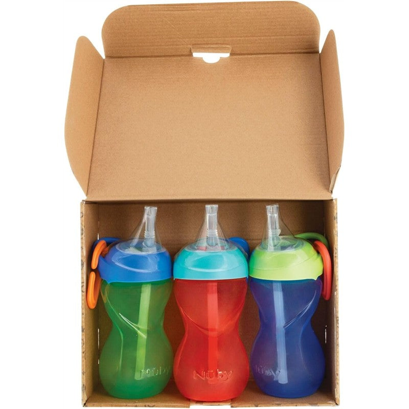 Nuby Clik-It Flexi Straw Cups in blue, green, and red, displayed in a box, designed for kids.