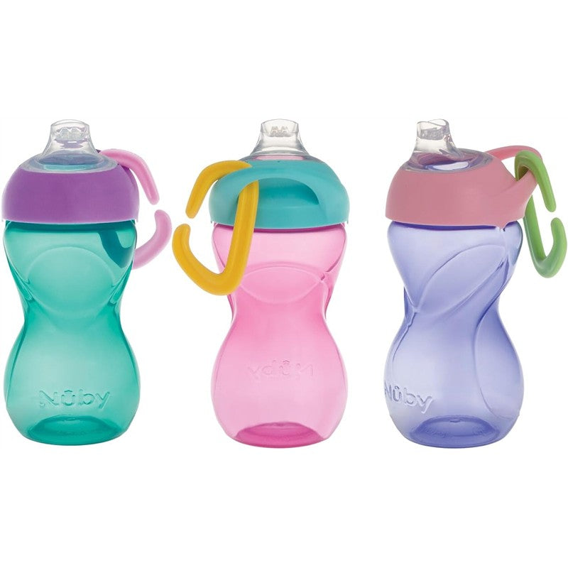 Nuby Clik-It Soft Spout Cups, 10 oz, 3-pack in girl colors: teal, pink, and lavender with carabiners on lids.