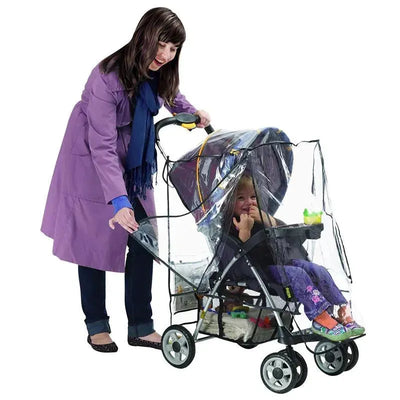 Deluxe stroller weather shield with a woman using it over a child in a stroller, protecting them from rain.