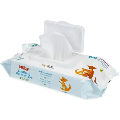 Nuby Soothing Baby Wipes package featuring 64 unscented wipes, with illustrations of a dog and fox, and details on ingredients.