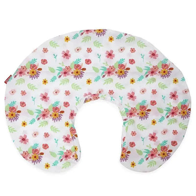 Bright floral print nursing pillow cover set by Nuby, featuring pink, purple, and green flowers on a white background.