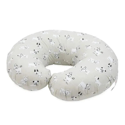 Nuby Dr Talbots Dog Print Nursing Pillow featuring a light gray fabric with playful dog illustrations.
