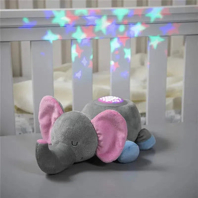 Plush elephant night light projecting colorful stars, designed for soothing infants in a crib.