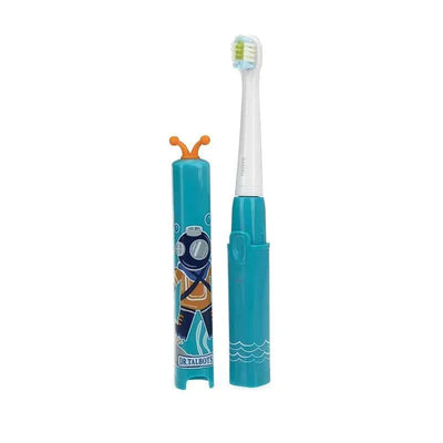 Sonic toothbrush designed for children, featuring a scuba diver-themed case and colorful brush head.