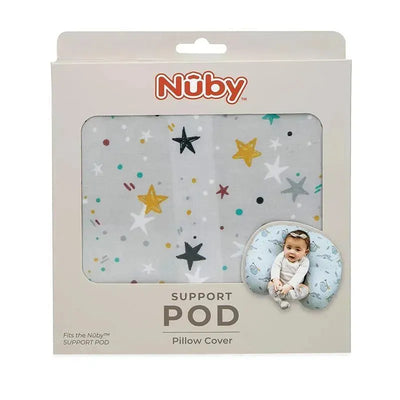 Nuby Dr Talbots Star Print Nursing Pillow Cover Set, featuring a gray cover with colorful stars and a baby on a pillow.
